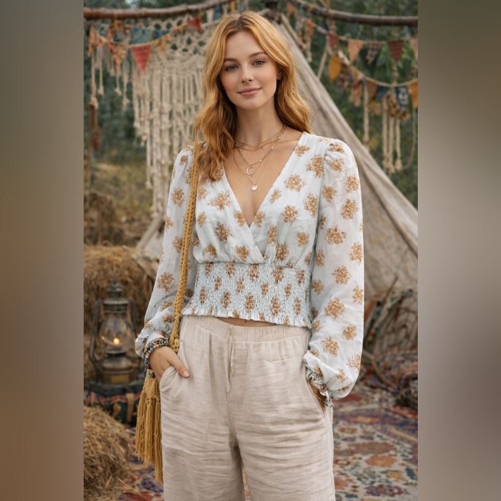 Wilfred Aritzia Boho Smocked Crop Top Mint Green Floral Sheer Balloon Sleeves S